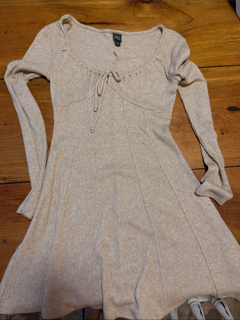 wild fable Cream Ribbed Long-Sleeve Tie-Front Knit Dress